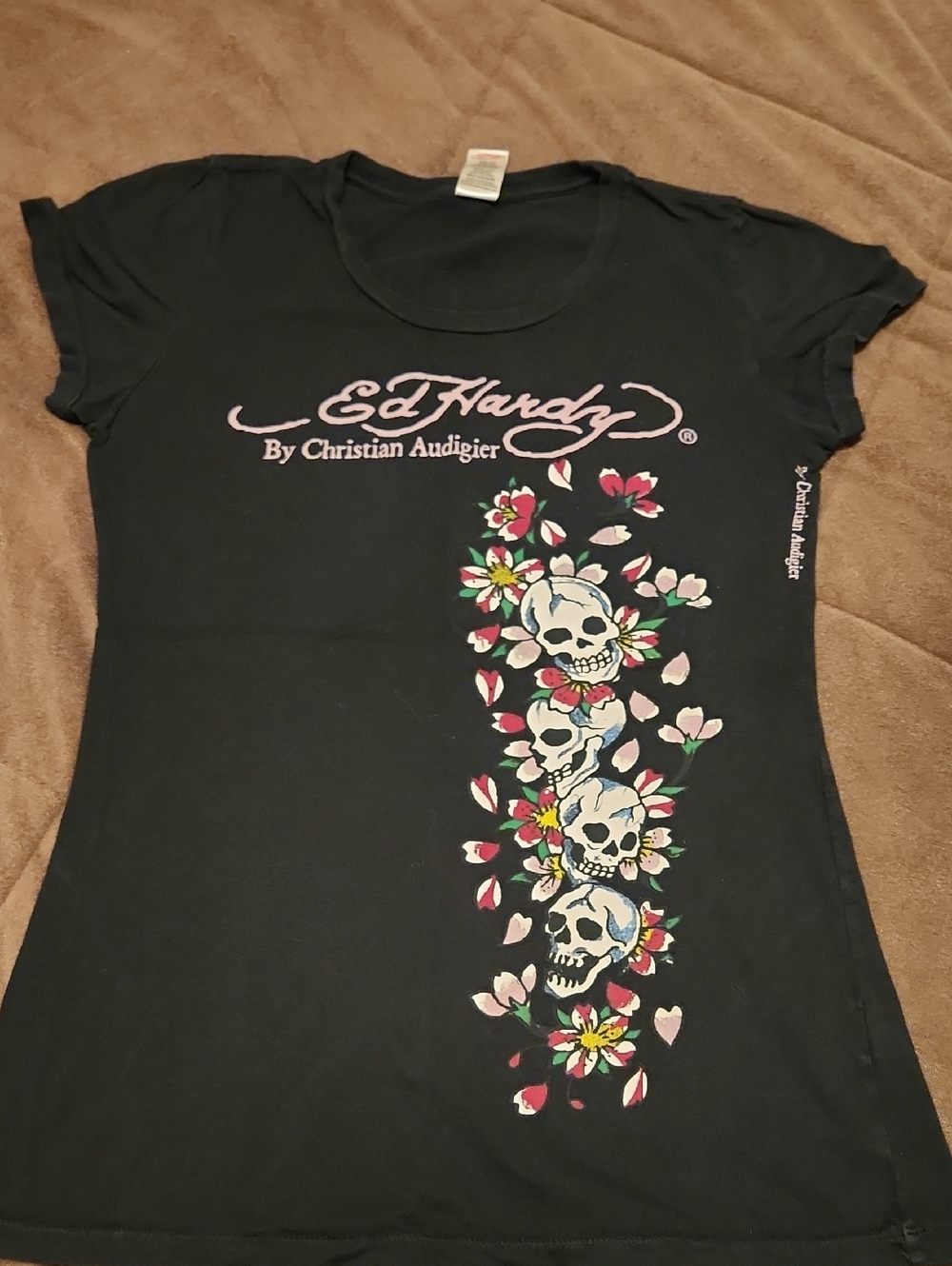 Ed Hardy Black Tee with Pink Logo & Multicolor Skull Floral Print